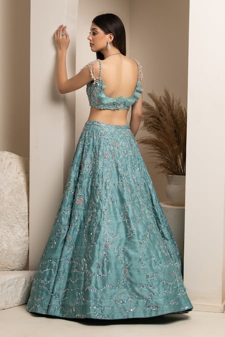 Shop Pooja Peshoria Blue Cutdana, Sequins, Swarovski, Crystals, Beads, Silk Bridal Lehenga Set at Aza Fashions Shop_Pooja Peshoria_Blue Cutdana, Sequins, Swarovski, Crystals, Beads, Silk Bridal Lehenga Set _at_Aza_Fashions