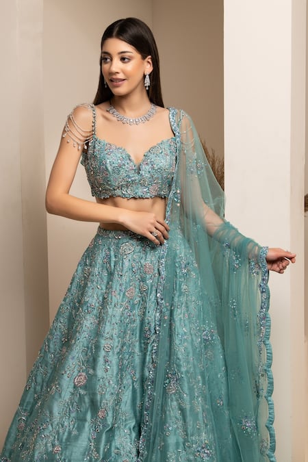 Pooja Peshoria Blue Cutdana, Sequins, Swarovski, Crystals, Beads, Silk Bridal Lehenga Set Online at Aza Fashions Pooja Peshoria_Blue Cutdana, Sequins, Swarovski, Crystals, Beads, Silk Bridal Lehenga Set _Online_at_Aza_Fashions