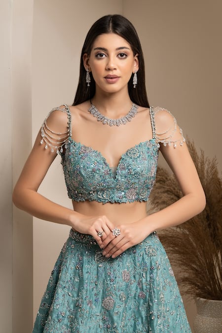 Buy Pooja Peshoria Blue Cutdana, Sequins, Swarovski, Crystals, Beads, Silk Bridal Lehenga Set Online at Aza Fashions Buy_Pooja Peshoria_Blue Cutdana, Sequins, Swarovski, Crystals, Beads, Silk Bridal Lehenga Set _Online_at_Aza_Fashions