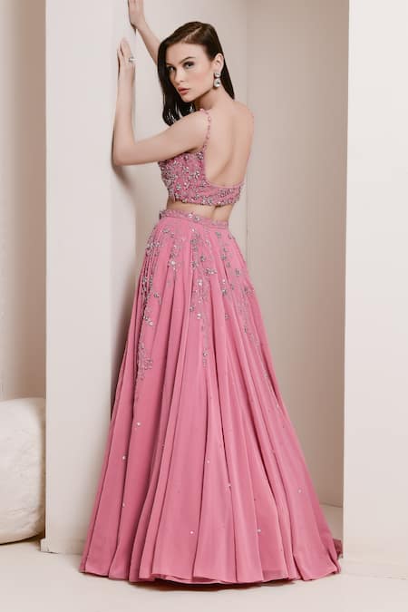 Shop Pooja Peshoria Pink Cutdana, Sequins, Swarovski, Crystals, Floral Embroidered Lehenga Set at Aza Fashions Shop_Pooja Peshoria_Pink Cutdana, Sequins, Swarovski, Crystals, Floral Embroidered Lehenga Set _at_Aza_Fashions