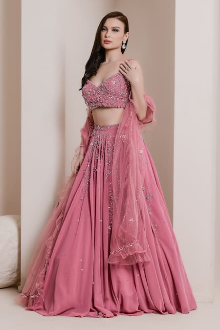 Pooja Peshoria Pink Cutdana, Sequins, Swarovski, Crystals, Floral Embroidered Lehenga Set Online at Aza Fashions Pooja Peshoria_Pink Cutdana, Sequins, Swarovski, Crystals, Floral Embroidered Lehenga Set _Online_at_Aza_Fashions