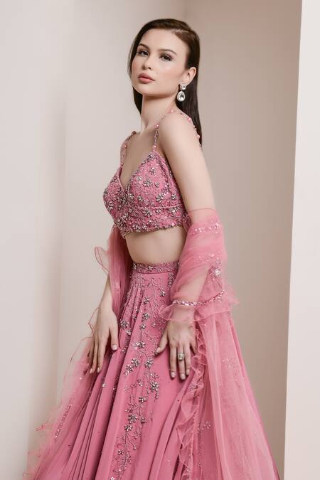 Shop Pooja Peshoria Pink Cutdana, Sequins, Swarovski, Crystals, Floral Embroidered Lehenga Set Online at Aza Fashions Shop_Pooja Peshoria_Pink Cutdana, Sequins, Swarovski, Crystals, Floral Embroidered Lehenga Set _Online_at_Aza_Fashions