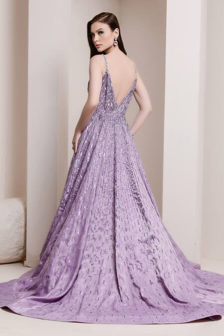 Shop Pooja Peshoria Purple Cutdana, Sequins, Swarovski, Crystals, Beads, Strappy Embroidered Gown at Aza Fashions Shop_Pooja Peshoria_Purple Cutdana, Sequins, Swarovski, Crystals, Beads, Strappy Embroidered Gown _at_Aza_Fashions