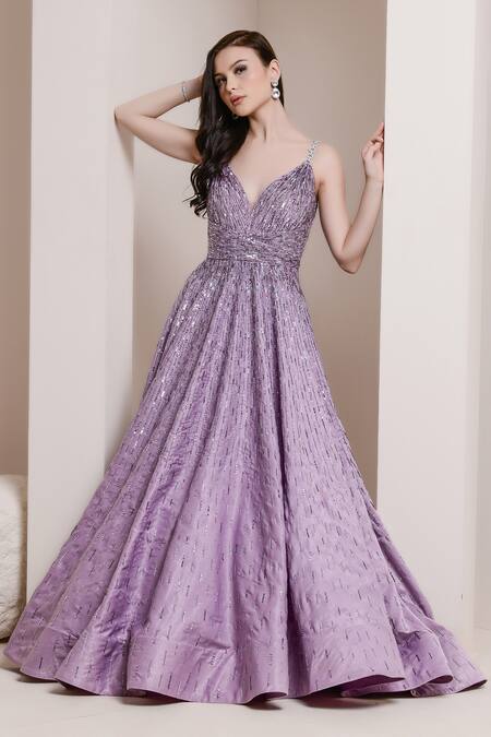 Pooja Peshoria Purple Cutdana, Sequins, Swarovski, Crystals, Beads, Strappy Embroidered Gown Online at Aza Fashions Pooja Peshoria_Purple Cutdana, Sequins, Swarovski, Crystals, Beads, Strappy Embroidered Gown _Online_at_Aza_Fashions