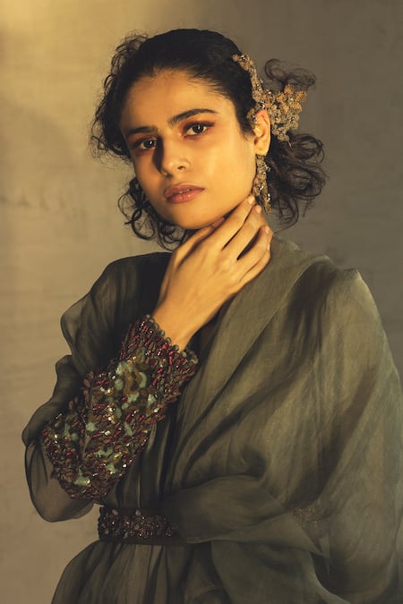 Shop Parul And Preyanka Green Organza, Chanderi Round Embroidered Anarkali With Dupatta at Aza Fashions Shop_Parul And Preyanka_Green Organza, Chanderi Round Embroidered Anarkali With Dupatta _at_Aza_Fashions