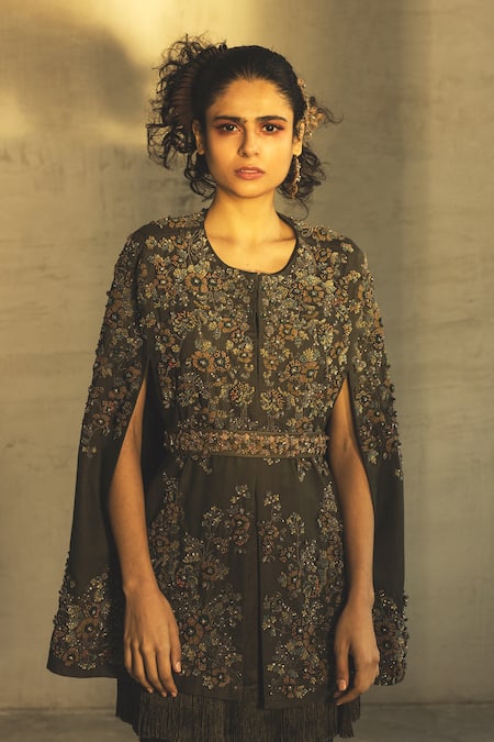 Shop Parul And Preyanka Green Matty, Sandwash Crepe Jacket Round Embroidered Cape Pant Set at Aza Fashions Shop_Parul And Preyanka_Green Matty, Sandwash Crepe Jacket Round Embroidered Cape Pant Set _at_Aza_Fashions