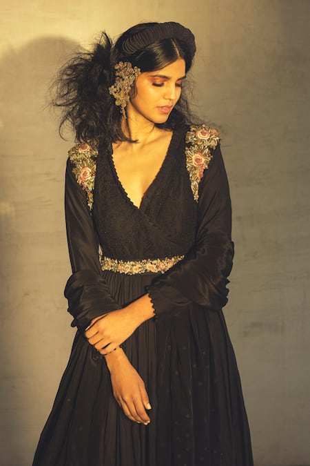 Shop Parul And Preyanka Black Crepe, Cotton Silk Surplice Embroidered Anarkali With Dupatta at Aza Fashions Shop_Parul And Preyanka_Black Crepe, Cotton Silk Surplice Embroidered Anarkali With Dupatta _at_Aza_Fashions