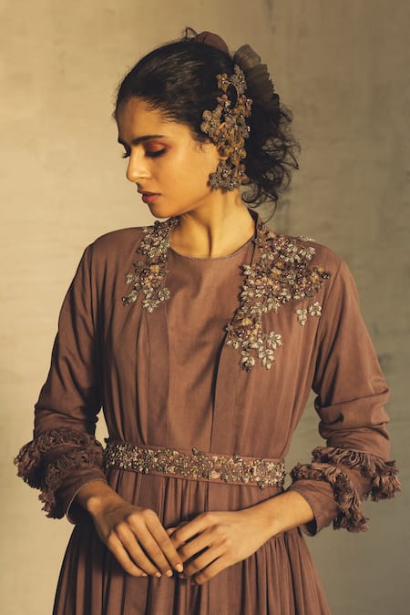 Shop Parul And Preyanka Brown 100% Cotton Kurta Round Embroidered Anarkali With Jacket at Aza Fashions Shop_Parul And Preyanka_Brown 100% Cotton Kurta Round Embroidered Anarkali With Jacket _at_Aza_Fashions