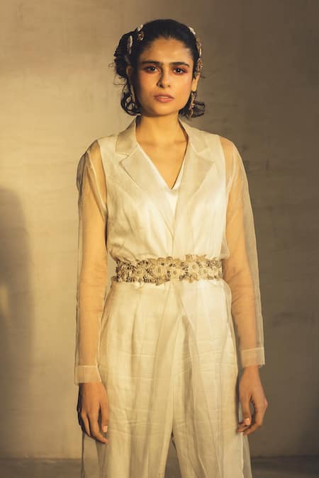 Shop Parul And Preyanka White Linen, Organza Jumpsuit V Neck Jacket Lapel With at Aza Fashions Shop_Parul And Preyanka_White Linen, Organza Jumpsuit V Neck Jacket Lapel With _at_Aza_Fashions