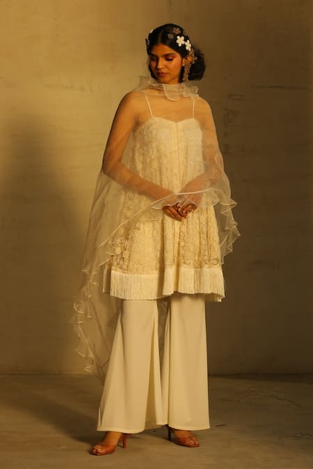 Parul And Preyanka_White Tulle, Heavy Crepe, Silk Organza Embroidered Kurta Palazzo Set _Online_at_Aza_Fashions