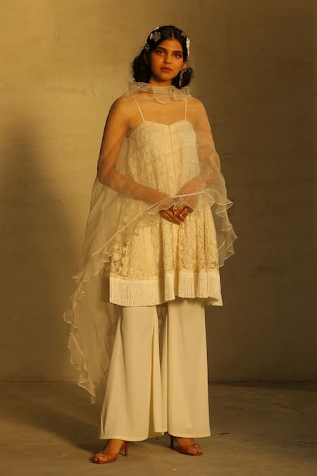 Buy_Parul And Preyanka_White Tulle, Heavy Crepe, Silk Organza Embroidered Kurta Palazzo Set _Online_at_Aza_Fashions