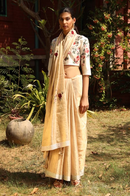 Prama By Pratima Pandey_Beige Kora Silk Handloom Chanderi Notched Blouse_Online_at_Aza_Fashions