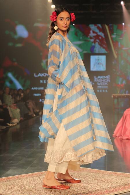 Prama By Pratima Pandey_Blue Cotton, Handwoven Silk Chanderi Floral Motifs Striped Tunic And Pant Set_Online_at_Aza_Fashions