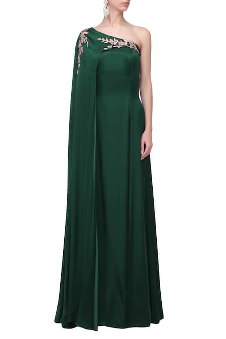 Masumi Mewawalla Green Organza Gown Bandeau Cape One Shoulder With Embroidered 