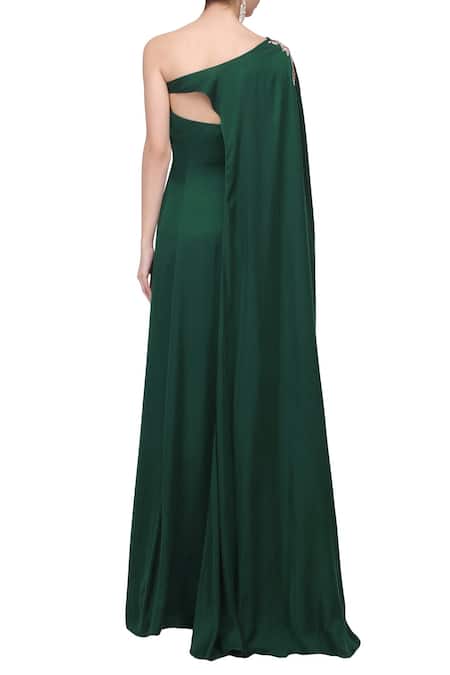 Shop Masumi Mewawalla Green Organza Gown Bandeau Cape One Shoulder With Embroidered at Aza Fashions Shop_Masumi Mewawalla_Green Organza Gown Bandeau Cape One Shoulder With Embroidered _at_Aza_Fashions
