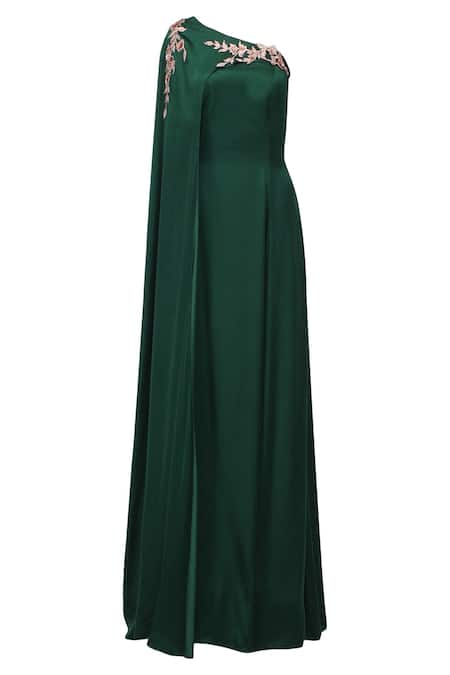 Masumi Mewawalla Green Organza Gown Bandeau Cape One Shoulder With Embroidered Online at Aza Fashions Masumi Mewawalla_Green Organza Gown Bandeau Cape One Shoulder With Embroidered _Online_at_Aza_Fashions
