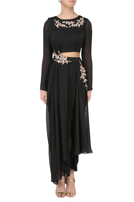 Masumi Mewawalla Black Satin Georgette Round Embroidered Crop Top With Dhoti Pant  