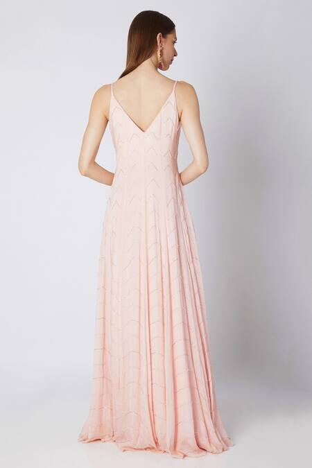 Shop_Masumi Mewawalla_Peach Crepe V Neck Embroidered Gown _at_Aza_Fashions