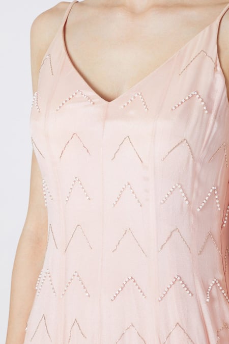 Masumi Mewawalla_Peach Crepe V Neck Embroidered Gown _Online_at_Aza_Fashions