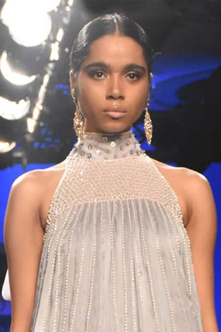 Masumi Mewawalla_Grey Satin Organza High Neck Embroidered Halter Gown _Online_at_Aza_Fashions