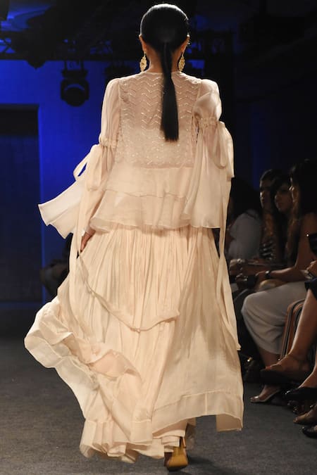 Shop Masumi Mewawalla Beige Raw Silk, Satin Organza Bustier Sweetheart Jacket Round Pant Set With at Aza Fashions Shop_Masumi Mewawalla_Beige Raw Silk, Satin Organza Bustier Sweetheart Jacket Round Pant Set With _at_Aza_Fashions