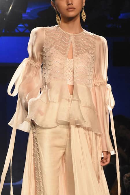 Masumi Mewawalla Beige Raw Silk, Satin Organza Bustier Sweetheart Jacket Round Pant Set With Online at Aza Fashions Masumi Mewawalla_Beige Raw Silk, Satin Organza Bustier Sweetheart Jacket Round Pant Set With _Online_at_Aza_Fashions