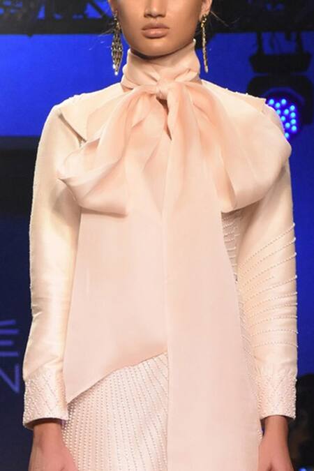 Masumi Mewawalla Beige Raw Silk, Crepe Turtleneck Kurta With Draped Skirt Online at Aza Fashions Masumi Mewawalla_Beige Raw Silk, Crepe Turtleneck Kurta With Draped Skirt _Online_at_Aza_Fashions