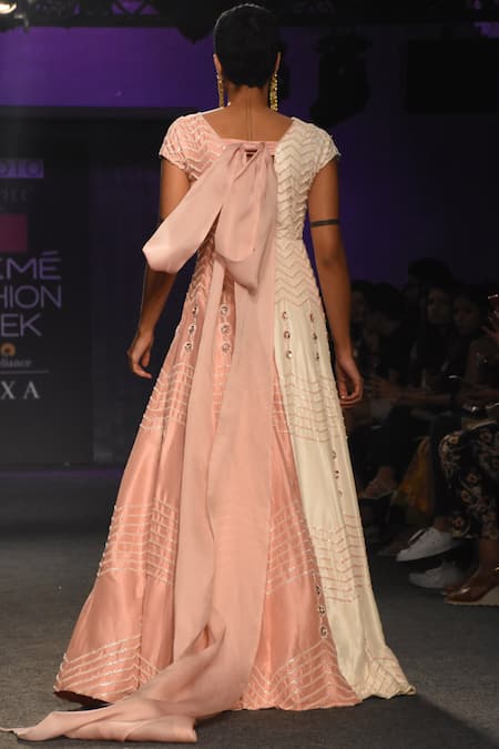 Shop Masumi Mewawalla Peach Dupion V Neck Embroidered Empire Waist Gown at Aza Fashions Shop_Masumi Mewawalla_Peach Dupion V Neck Embroidered Empire Waist Gown _at_Aza_Fashions