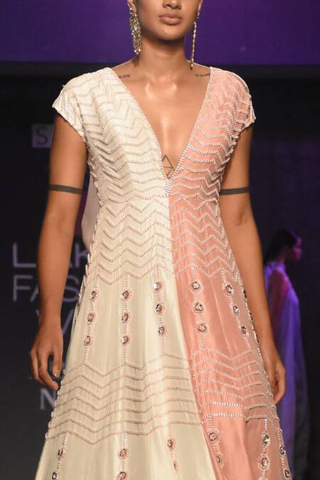 Masumi Mewawalla Peach Dupion V Neck Embroidered Empire Waist Gown Online at Aza Fashions Masumi Mewawalla_Peach Dupion V Neck Embroidered Empire Waist Gown _Online_at_Aza_Fashions