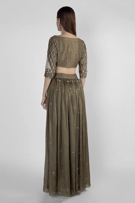 Shop_Masumi Mewawalla_Green Raw , Tabby Round Embroidered Crop Top And Pant Set _at_Aza_Fashions