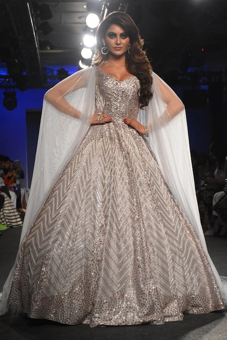 Buy Smoke Grey Ball Gown In Net With Kundan Work In Different Shapes Online  - Kalki Fashion