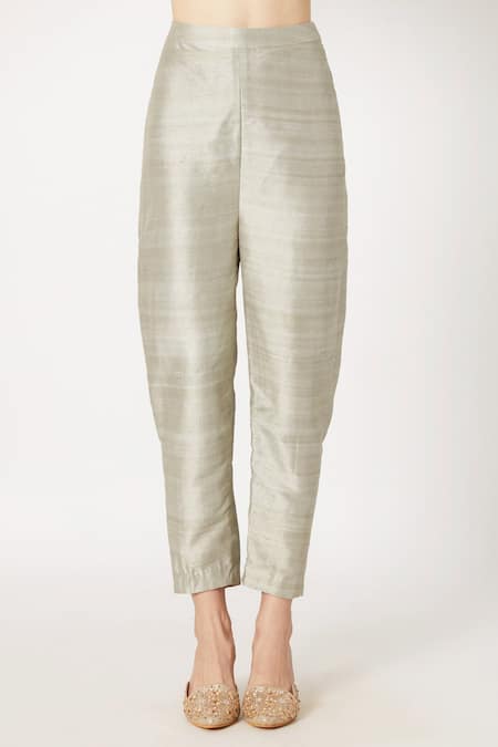 Buy_Masumi Mewawalla_Green Raw Silk, Chiffon Crop Top Square Embroidered Pant Set With Jacket_Online_at_Aza_Fashions