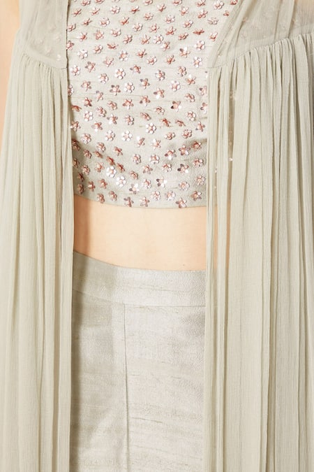 Shop_Masumi Mewawalla_Green Raw Silk, Chiffon Crop Top Square Embroidered Pant Set With Jacket_Online_at_Aza_Fashions