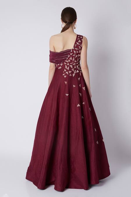 Shop_Masumi Mewawalla_Maroon Net, Dupion Asymmetric One Shoulder Flared Gown_at_Aza_Fashions