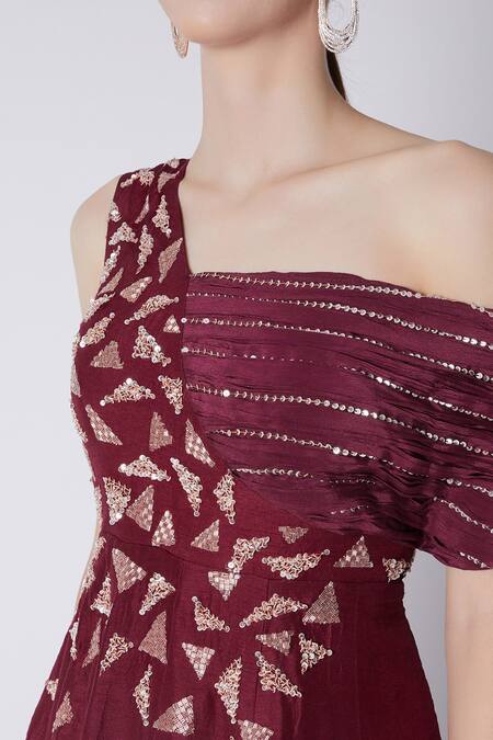 Masumi Mewawalla_Maroon Net, Dupion Asymmetric One Shoulder Flared Gown_Online_at_Aza_Fashions
