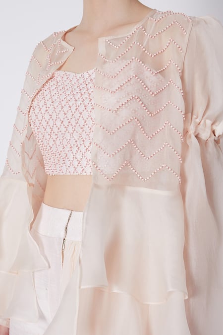 Masumi Mewawalla Beige Silk, Raw Silk, Organza Round Embellished Jacket And Pant Set Online at Aza Fashions Masumi Mewawalla_Beige Silk, Raw Silk, Organza Round Embellished Jacket And Pant Set _Online_at_Aza_Fashions