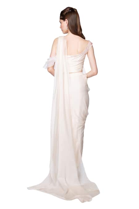Shop Masumi Mewawalla White Organza, Crepe, Dupion, Shanton Asymmetric Pre-draped Saree With Blouse at Aza Fashions Shop_Masumi Mewawalla_White Organza, Crepe, Dupion, Shanton Asymmetric Pre-draped Saree With Blouse _at_Aza_Fashions