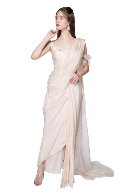 Masumi Mewawalla White Organza, Crepe, Dupion, Shanton Asymmetric Pre-draped Saree With Blouse Online at Aza Fashions Masumi Mewawalla_White Organza, Crepe, Dupion, Shanton Asymmetric Pre-draped Saree With Blouse _Online_at_Aza_Fashions