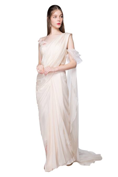 Buy Masumi Mewawalla White Organza, Crepe, Dupion, Shanton Asymmetric Pre-draped Saree With Blouse Online at Aza Fashions Buy_Masumi Mewawalla_White Organza, Crepe, Dupion, Shanton Asymmetric Pre-draped Saree With Blouse _Online_at_Aza_Fashions