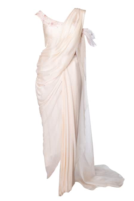 Shop Masumi Mewawalla White Organza, Crepe, Dupion, Shanton Asymmetric Pre-draped Saree With Blouse Online at Aza Fashions Shop_Masumi Mewawalla_White Organza, Crepe, Dupion, Shanton Asymmetric Pre-draped Saree With Blouse _Online_at_Aza_Fashions