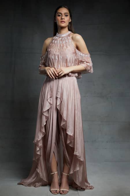 Masumi Mewawalla_Pink Crepe, Dupion, Tabby Silk Round Cold Shoulder Top And Dhoti Pant Set _Online_at_Aza_Fashions