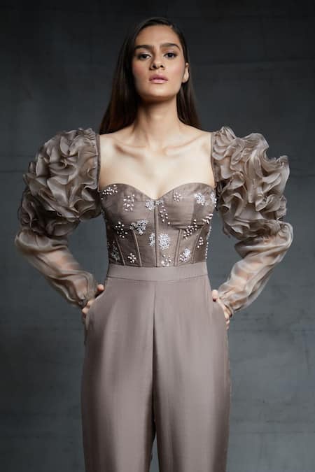 Shop_Masumi Mewawalla_Brown Organza, Dupion, Tabby Silk Sweetheart Neck Ruffle Corset Jumpsuit_Online_at_Aza_Fashions