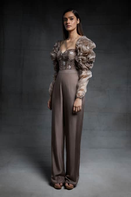 Buy_Masumi Mewawalla_Brown Organza, Dupion, Tabby Silk Sweetheart Neck Ruffle Corset Jumpsuit_Online_at_Aza_Fashions