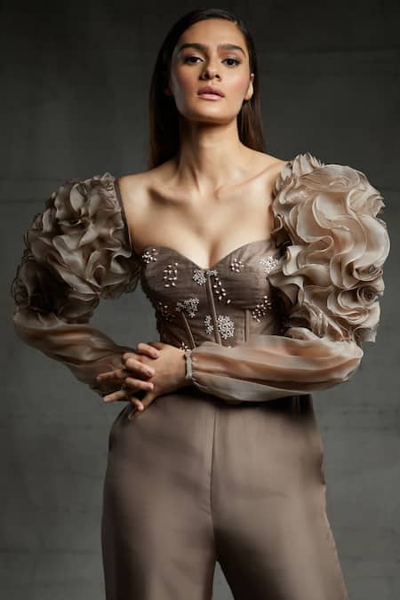 Masumi Mewawalla_Brown Organza, Dupion, Tabby Silk Sweetheart Neck Ruffle Corset Jumpsuit_at_Aza_Fashions