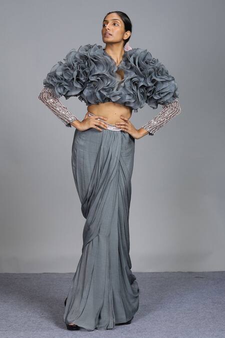 Masumi Mewawalla_Grey Organza, Crepe Draped Skirt And Ruffle Top _Online_at_Aza_Fashions