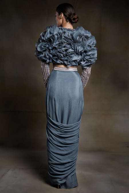 Shop_Masumi Mewawalla_Grey Organza, Crepe Draped Skirt And Ruffle Top _at_Aza_Fashions
