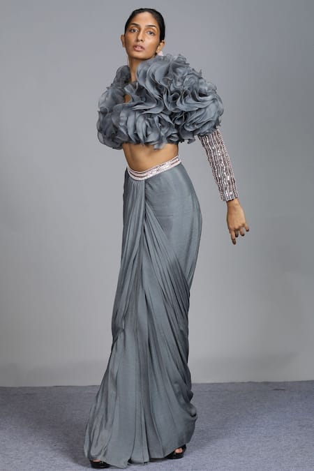 Buy_Masumi Mewawalla_Grey Organza, Crepe Draped Skirt And Ruffle Top _Online_at_Aza_Fashions