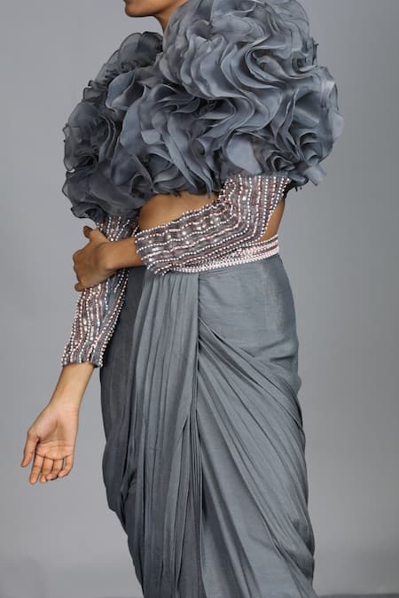 Masumi Mewawalla_Grey Organza, Crepe Draped Skirt And Ruffle Top _at_Aza_Fashions