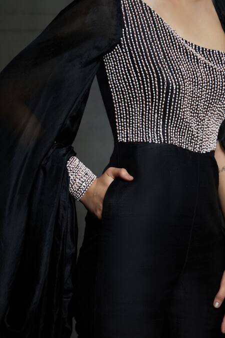 Buy_Masumi Mewawalla_Black Dupion Asymmetric Embroidered Jumpsuit  _Online_at_Aza_Fashions