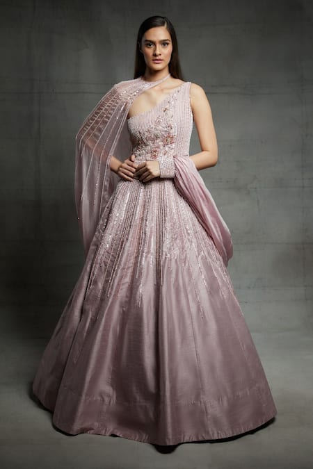 Buy Pink Dupion Asymmetric One Shoulder Gown With Embroidered Cape 